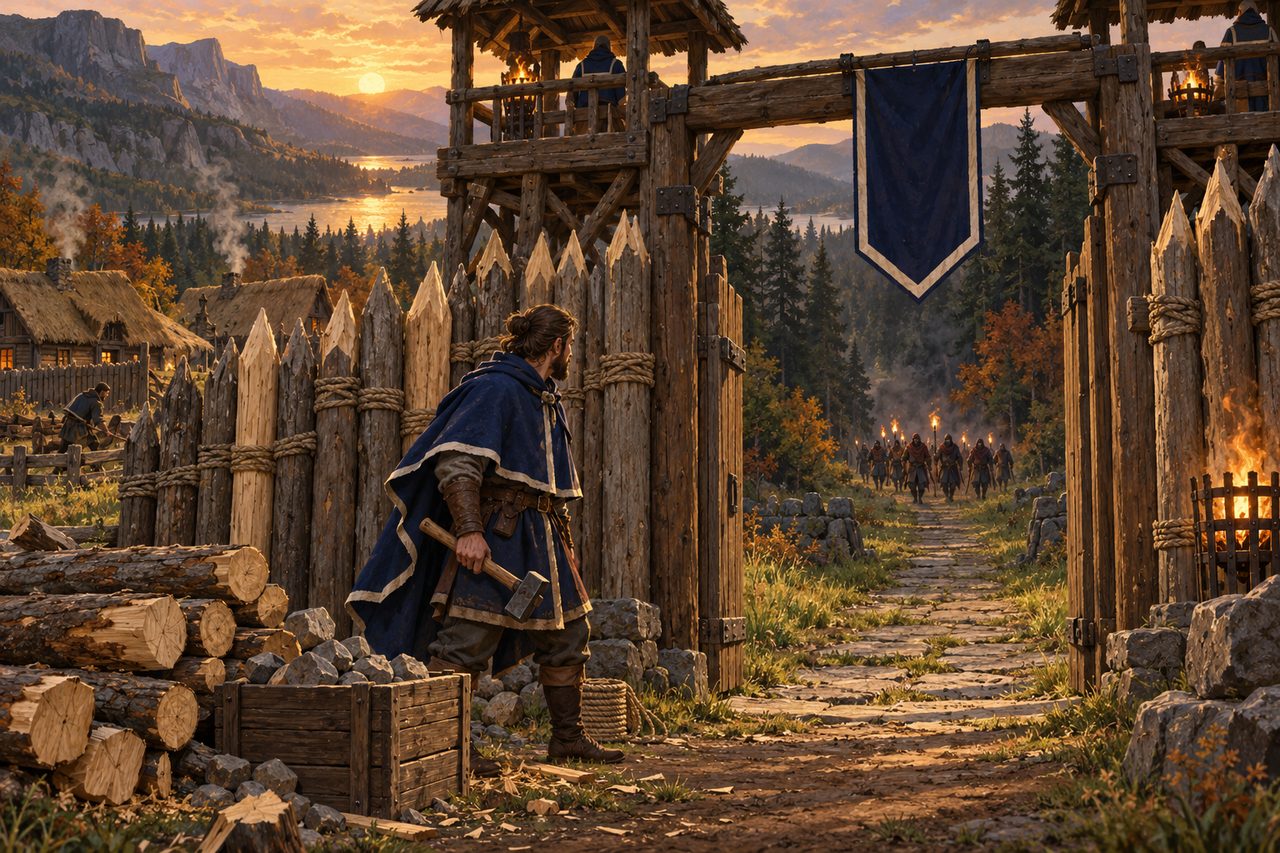 A painting of the keeper at the palisade's gate at golden hour, hammer in hand beside a freshly mended line of stakes, while a band of raiders with torches comes up the Old Road.