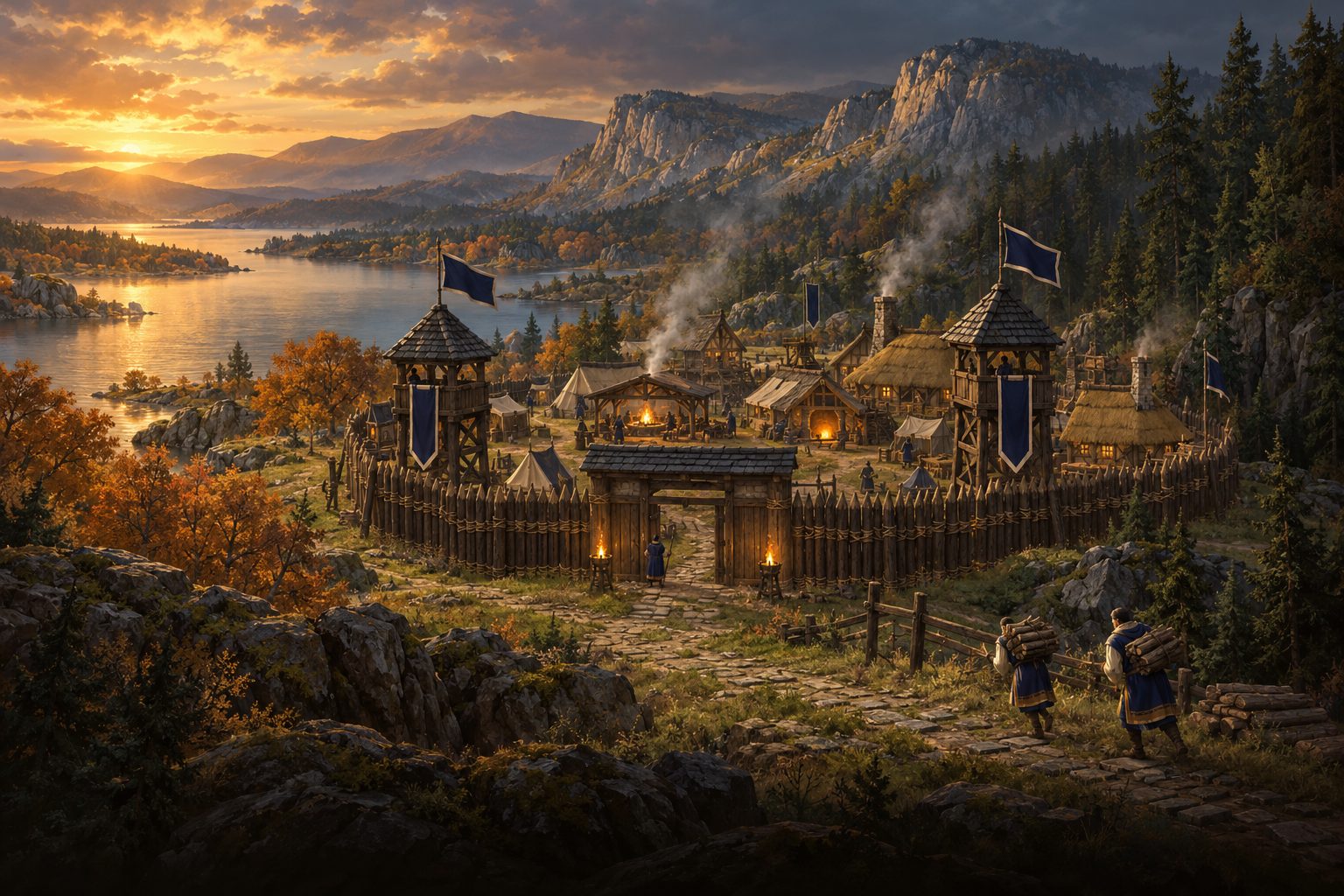 A painted view of Stillwater Vale at golden hour: the settlement's palisade ring and its gate between two watchtowers flying plain navy banners, smoke rising from the roofs inside, two settlers carrying wood up the road, autumn oaks and pines, the still lake and the grey Scarps beyond.