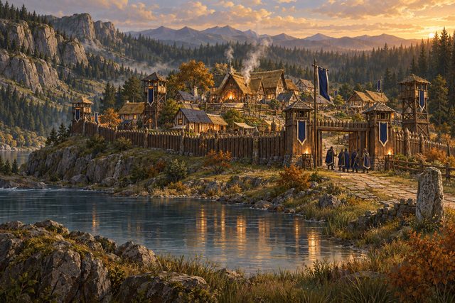 A painting of the Refuge grown into a hamlet at golden hour, four keepers at its gate, the Old Road running east past the waystone.