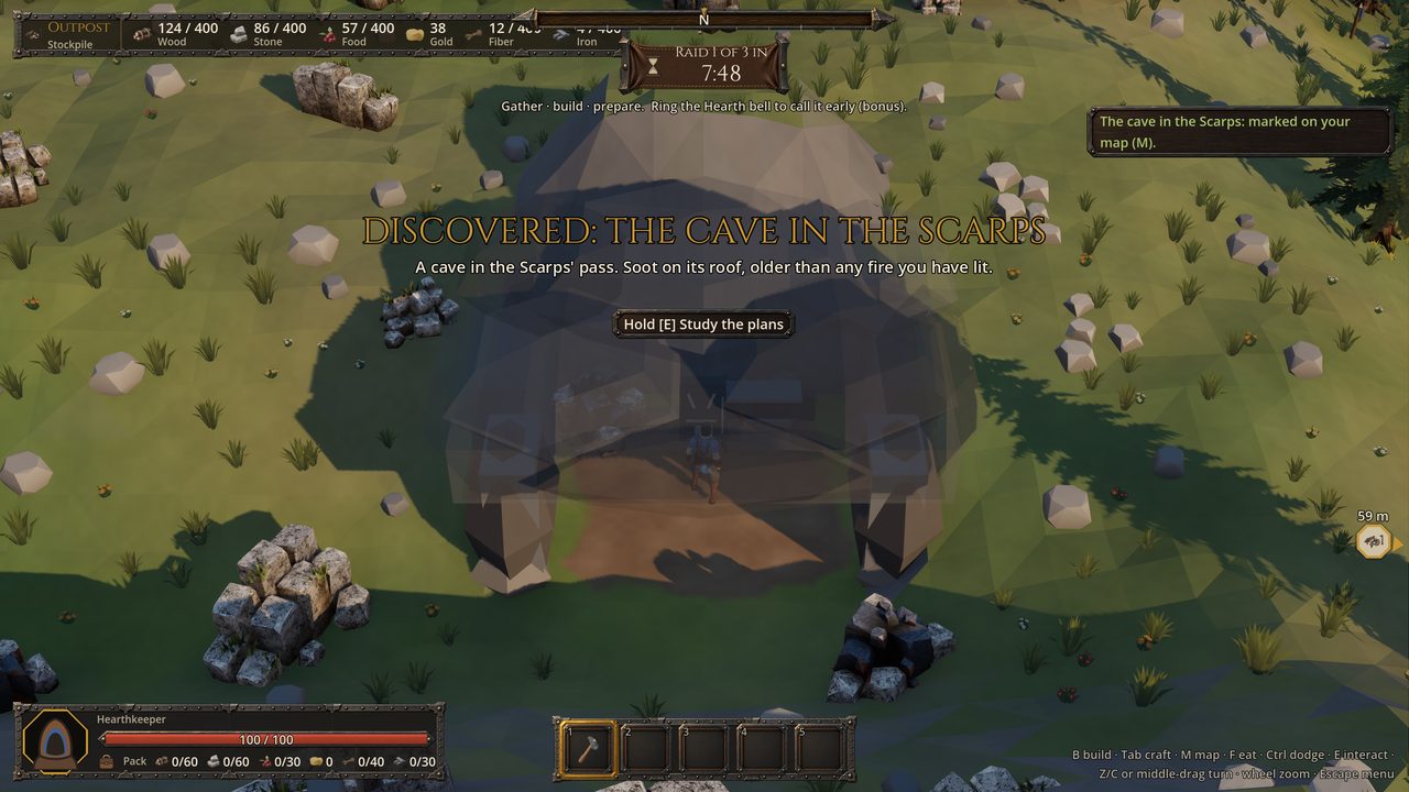 The cave in the Scarps from the game's high camera: its rock roof turned see-through over the player standing inside at the old forge's plans, the banner 'Discovered: the cave in the Scarps' across the screen and a note that it is now marked on the map.
