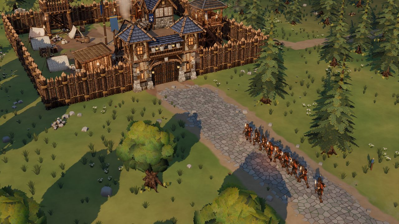 A column of raiders with torches and clubs marching up the cobbled Old Road toward the settlement's gatehouse, the palisade, a watchtower and the camp's rooftops behind it, pines on one side of the road and oaks on the other in the late afternoon sun.