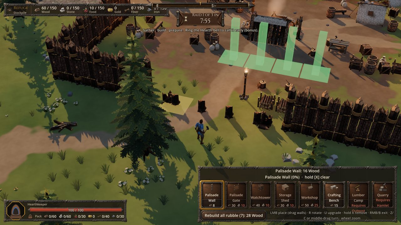 Build mode at the start of a game: four green ghost stakes of a new palisade line laid across the gap in the refuge's broken north wall, the player standing outside it by a pine, the camp's crates, barrels and benches beyond, the build bar with each piece's cost at the bottom of the screen.