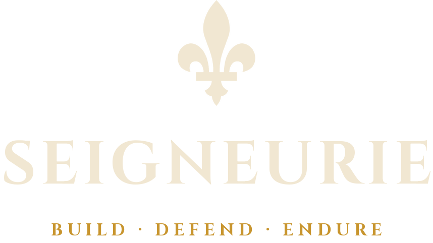 The Seigneurie title lockup in cream: the fleur-de-lis, SEIGNEURIE, Build · Defend · Endure