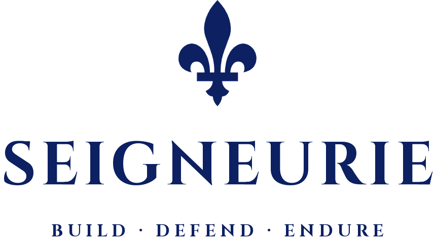 The Seigneurie title lockup in navy: the fleur-de-lis, SEIGNEURIE, Build · Defend · Endure